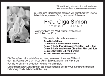 Traueranzeige von Olga Simon von Frankenpost