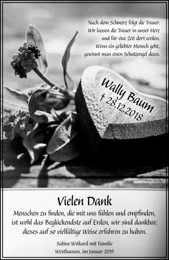 Traueranzeige von Wally Baum von Südthüringer Presse