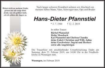 Traueranzeige von Hans-Dieter Pfannstiel von Südthüringer Presse