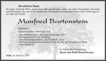 Traueranzeige von Manfred Bartenstein von Südthüringer Presse