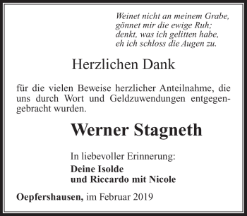 Traueranzeige von Werner Stagneth von Südthüringer Presse