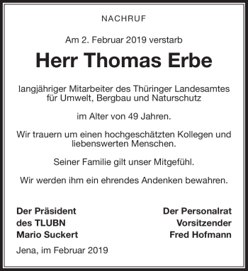 Traueranzeige von Thomas Erbe von Südthüringer Presse