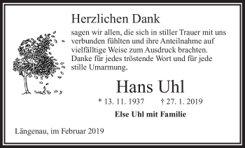 Traueranzeige von Hans Uhl von Frankenpost