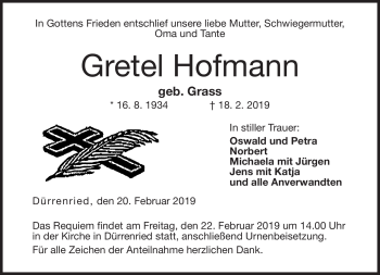 Traueranzeige von Gretel Hofmann von Neue Presse Coburg