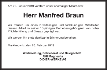 Traueranzeige von Manfred Braun von Frankenpost
