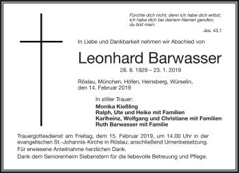 Traueranzeige von Leonhard Barwasser von Frankenpost