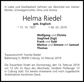 Traueranzeige von Helma Riedel von Neue Presse Coburg
