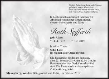 Traueranzeige von Ruth Seifferth von Südthüringer Presse