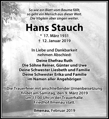 Traueranzeige von Hans Stauch von Südthüringer Presse