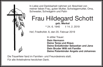 Traueranzeige von Hildegard Schott von Frankenpost