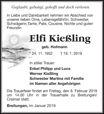 Traueranzeige von Elfi Kießling von Südthüringer Presse