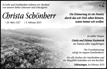 Traueranzeige von Christa Schönherr von Südthüringer Presse