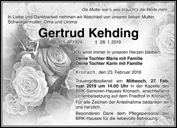 Traueranzeige von Gertrud Kehding von Neue Presse Coburg