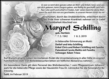 Traueranzeige von Margret Schilling von Südthüringer Presse