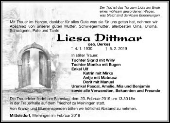 Traueranzeige von Liesa Dittmar von Südthüringer Presse