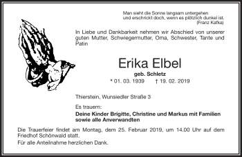 Traueranzeige von Erika Elbel von Frankenpost