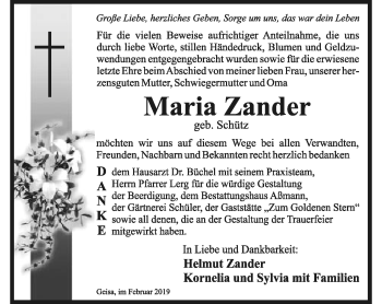 Traueranzeige von Maria Zander von Südthüringer Presse
