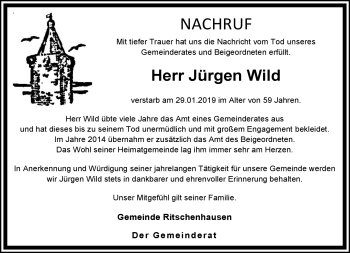 Traueranzeige von Jürgen Wild von Südthüringer Presse