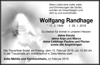 Traueranzeige von Wolfgang Randhage von Südthüringer Presse