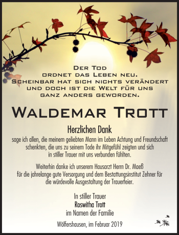 Traueranzeige von Waldemar Trott von Südthüringer Presse