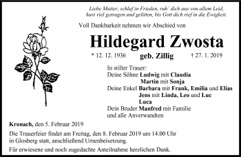 Traueranzeige von Hildegard Zwosta von Neue Presse Coburg