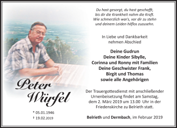 Traueranzeige von Peter Würfel von Südthüringer Presse