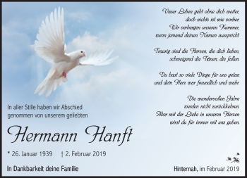 Traueranzeige von Hermann Hanft von Südthüringer Presse