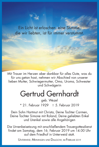 Traueranzeige von Gertrud Gernhardt von Südthüringer Presse
