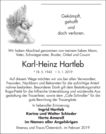 Traueranzeige von Karl-Heinz Hartleb von Südthüringer Presse