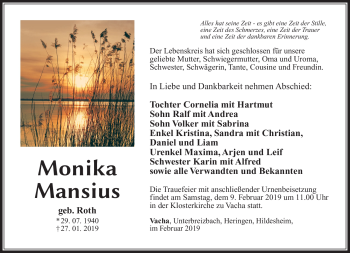 Traueranzeige von Monika Mansius von Südthüringer Presse