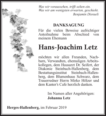 Traueranzeige von Hans-Joachim Letz von Südthüringer Presse