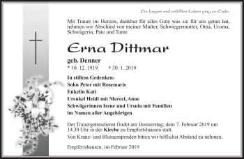 Traueranzeige von Erna Dittmar von Südthüringer Presse