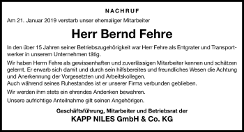 Traueranzeige von Bernd Fehre von Neue Presse Coburg