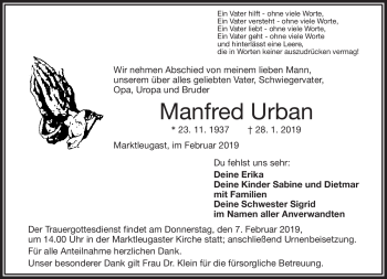 Traueranzeige von Manfred Urban von Frankenpost
