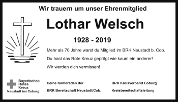 Traueranzeige von Lothar Welsch von Neue Presse Coburg
