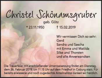 Traueranzeige von Christel Schönamsgruber von Neue Presse Coburg