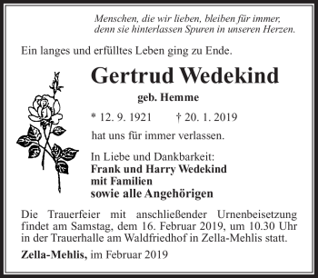 Traueranzeige von Gertrud Wedekind von Südthüringer Presse