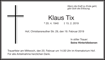 Traueranzeige von Klaus Tix von Frankenpost