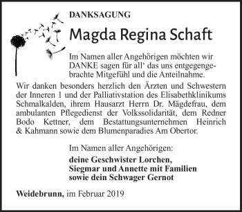 Traueranzeige von Magda Regina Schaft von Südthüringer Presse