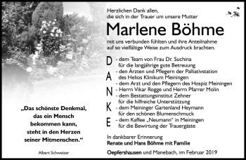 Traueranzeige von Helene Böhme von Südthüringer Presse