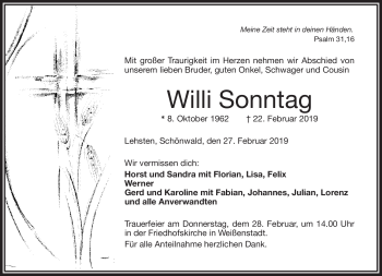 Traueranzeige von Willi Sonntag von Frankenpost