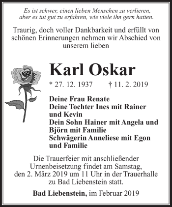 Traueranzeige von Karl Oskar von Südthüringer Presse