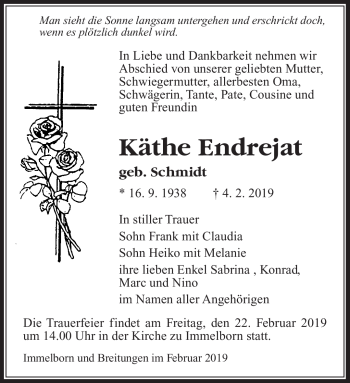 Traueranzeige von Käthe Endrejat von Südthüringer Presse