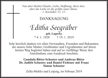 Traueranzeige von Editha Seegräber von Südthüringer Presse