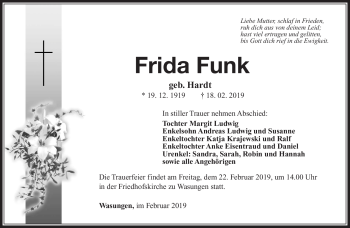 Traueranzeige von Frida Funk von Südthüringer Presse