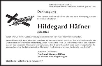 Traueranzeige von Hildegard Häfner von Südthüringer Presse