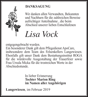 Traueranzeige von Lisa Vock von Südthüringer Presse