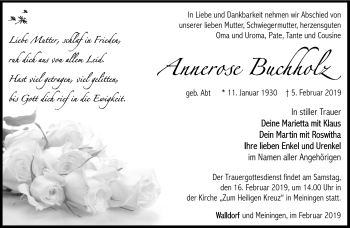 Traueranzeige von Annerose Buchholz von Südthüringer Presse