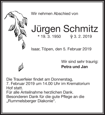 Traueranzeige von Jürgen Schmitz von Frankenpost