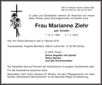 Traueranzeige von Marianne Ziehr von Frankenpost